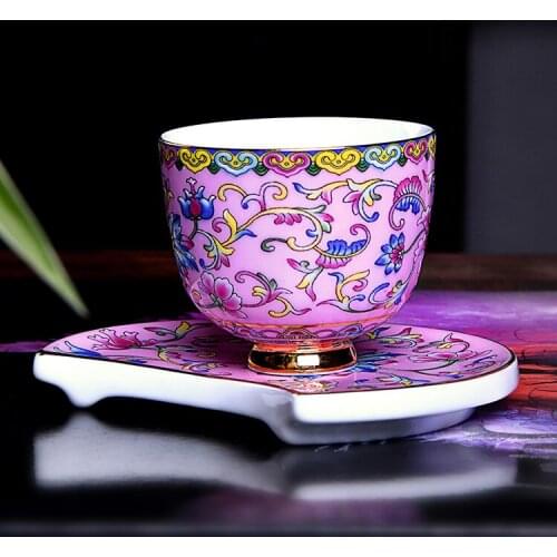Porcelain ceramic teacup with lotus decoration handpainted real gold line