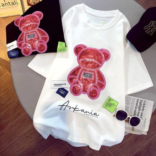 2021 New Cartoon Bear T-shirt Womens Short-sleeved Spring and Summer Fashion Round Neck Top Loose Half-sleeved Bottoming Shirt