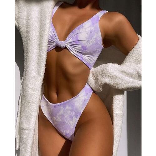 Bikin Swimwear Women Swimsuit Sexy High Breast Contrast Gradient Split Bikini Set Female Bandeau Thong Brazilian Biquini