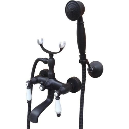 Bathroom Black Oil Rubbed Bronze Wall Mounted Clawfoot Tub Filler Faucet Handshower Two Ceramics Handles atf616