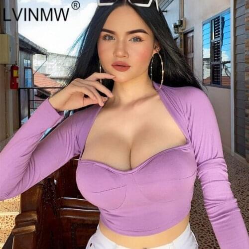 LVINMW Solid Casual Fashion Square Collar Long Sleeve Top Women Patchwork Slim Skinny Sexy Cropped Tops Autumn Streetwear