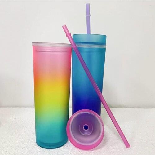 New 16oz Acrylic Ombre Skinny Tumbler 4 Colors Gradient Double Wall Clear Water Bottle With Lids And Straw Drinking Cups
