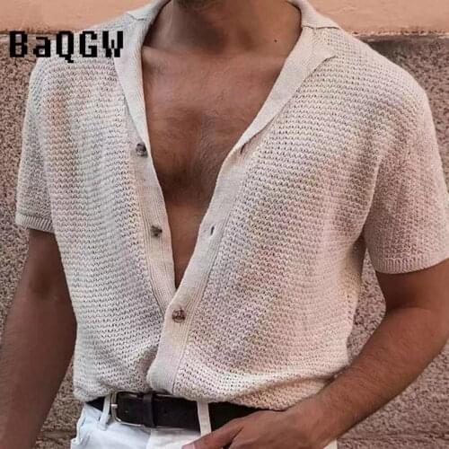 Solid Short Sleeve Knitwear Summer Thin Sweater Beachwear T-shirt 2021 Hot Spring Sexy V Neck Cotton Men Clothing Large Size