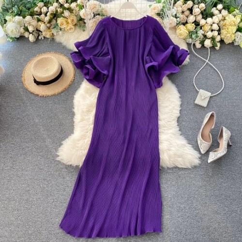 Solid Color Loose Ladies Pleated Dress Summer New Fashion Chic Dresses Female Double Layer Butterfly Sleeve