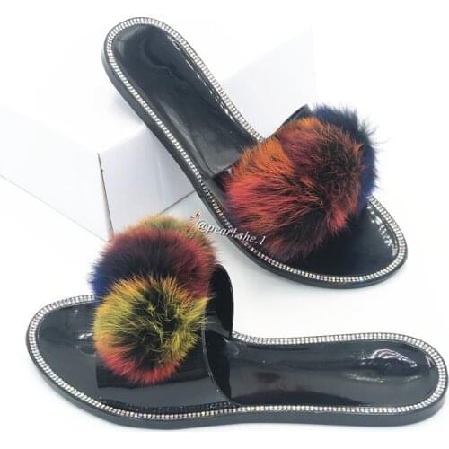 Wholesale Women Two Strap Soft Plush Imitated Rabbit Fur House Fluffy Fur Slides Sandals Slippers
