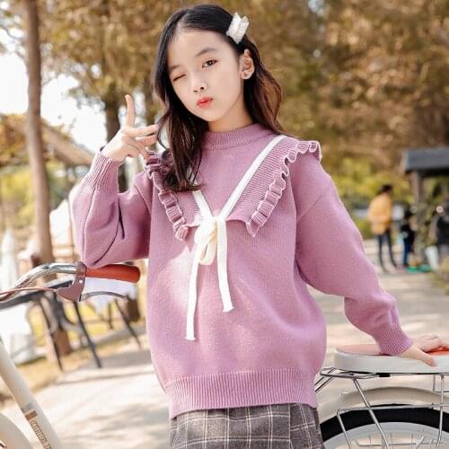 Autumn Winter Knitted Sweater For Girls Fashion Bow Long Sleeve Warm Pullovers Kids Soft Knitwear Children Knit Tops Clothes