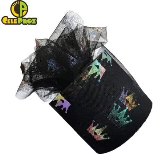 6cm 25Yards Illusory Crown Tulle Ribbon Roll DIY Handmade Craft Hair Ornament Baking Magic Color Printed Mesh Fabric Supplies