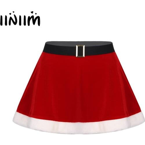 Iiniim Womens Girls Sexy Skirts Flannel Christmas Clubwear X-mas Faux Fur Trim Skirt Fancy Costume Holiday Party Miniskirt