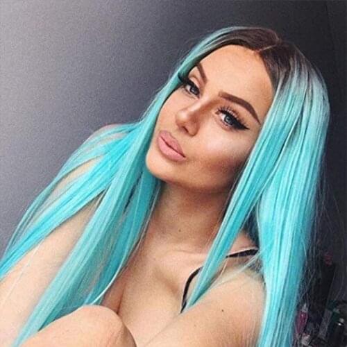 Silky Straight Synthetic Lace Front Wigs Brown Pastel Blue Ombre Dark Roots Pre Plucked Glueless Heat Resistant Fiber Hair