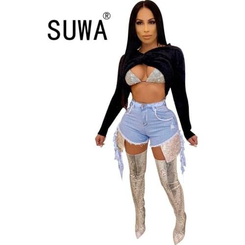 Blue Sexy Ripped Denim Shorts With Tassel Women Summer Streetwear High Waist Hollow Out Plus Size Hole Jean Shorts Wholesale