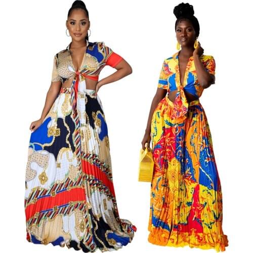 Echoine Mopping Print Long Skirt Adjustable Jacket Ethnic Style V-neck Belt Tie dye Summer Dress Dropshipping