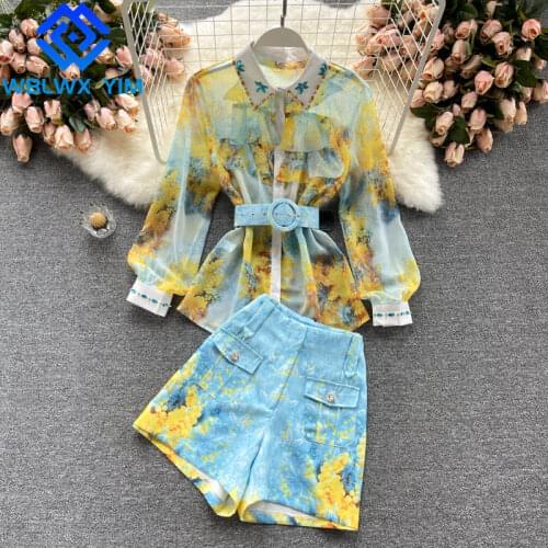 Summer 2 piece set Women Fashion Beaded Lapel Long sleeve Chiffon Shirt And High waist wide leg Short Pants Two piece set Female
