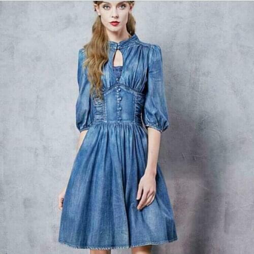 2020 New Fashion Trend Casual Womens Vintage Blenched Denim Puff Sleeves Empire Waist Flared Dress Personality Solid Color Hot