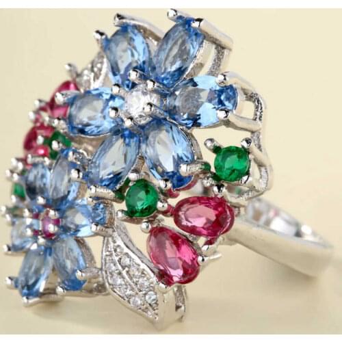 New fashion womens inlaid two color flower ring multi color flower ring anniversary chic ring size 6-10