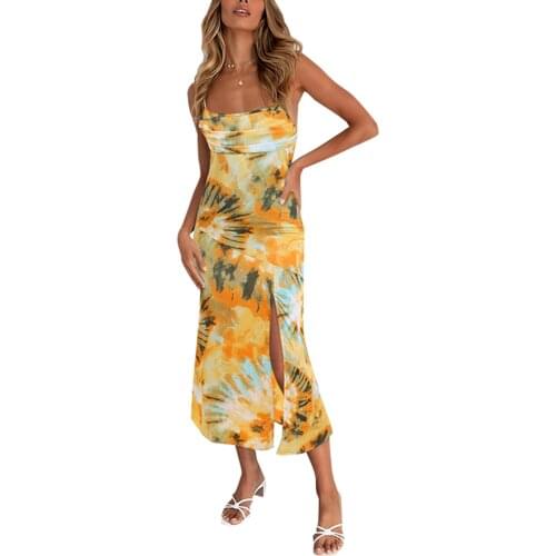 Women Close-fitting Slit Dress, Boat Neck Sleeveless Off-the-shoulder, Blue/ Yellow