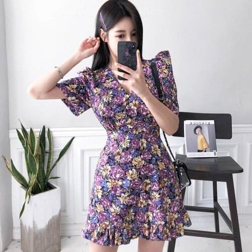 New arrival fashion beach dress women elegant korean summer puff sleeve sweet young temperament floral trend mermaid dress