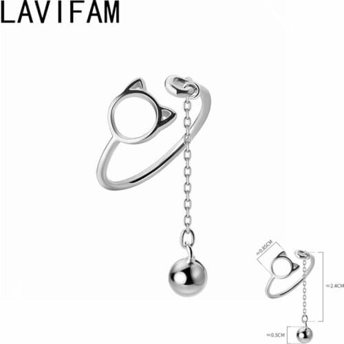 925 Sterling Silver Sweet Hollow Cat Ring With Chain Bell Pendant Adjustable Animal Rings For Girl Daughter Finger Jewelry