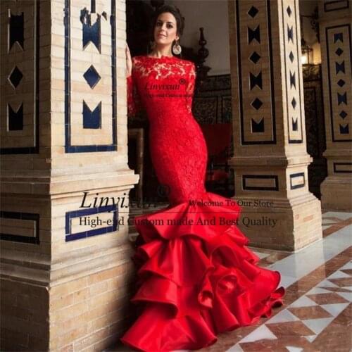 Long Sleeves Red Lace Ruffled Skirt Mermaid Prom Dresses Women Special Occasion Dress Evening Gown Open Back vestido de festa