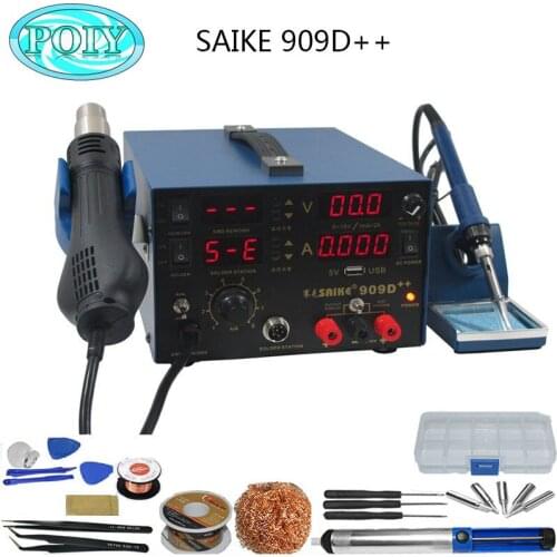 110V or 220V SAIKE 909D++ 3in1 Soldering iron + Heat Gun + Power Supply Welding Repair Solder Station With Free Gifts