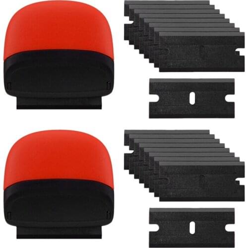 2Pcs Mini Plastic Razor Scrapers Adhesive Label Remover With 100Pcs Double Edged Plastic Razor Blades For Cleaning Paint