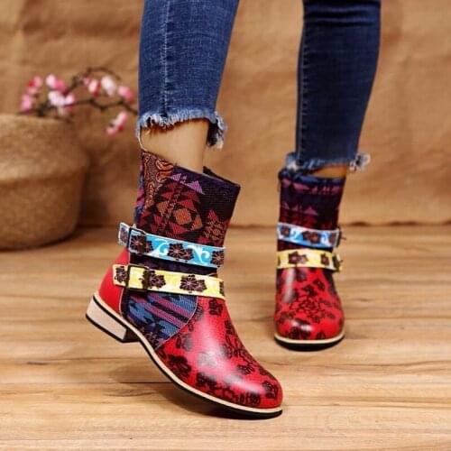 2020 Autumn Womens Zippers Flower Ankle Boots Vintage PU Leather Plus Size Matin Shoes Woman Zapatos Mujer Sapato Botas Mujer