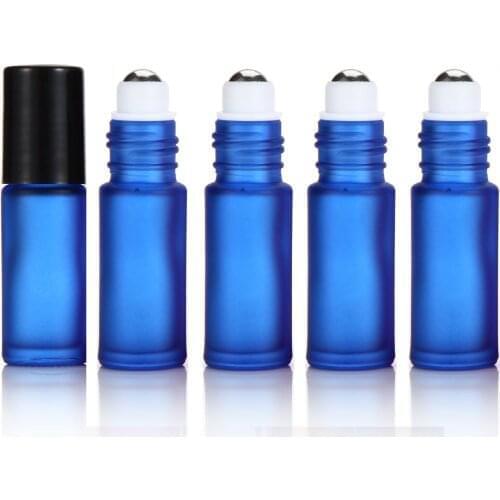 400pcs/lot Refillable Thick 5ml Empty Roll on Glass Bottle Frosted Blue for Essential Oil Perfume Bottle Metal Roller Ball