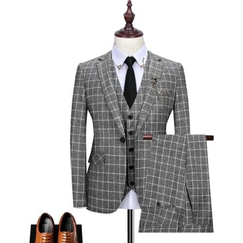 Blazer + Vest + Pants ) High-end Brand Fashion Plaid Mens Formal Business Suit 3pec Groom Wedding Dress Tuxedo Casual Suit