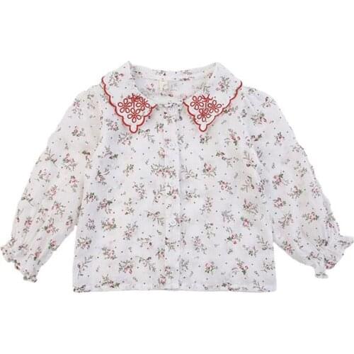 DFXD 1-7Yrs Baby Girls Blouses 2020 Autumn New Embroidery Collar Floral Print Button Princess Clothing Kids Shirts Children Tops