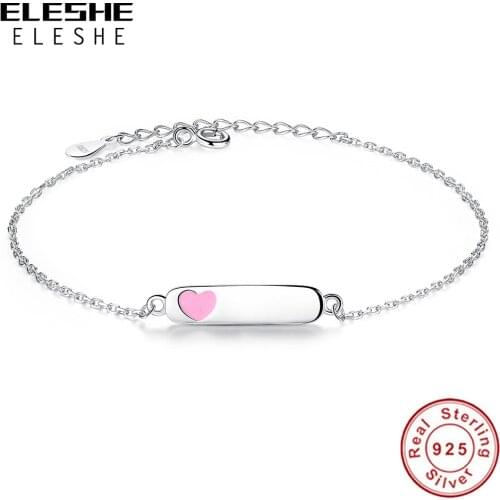 Free Custom Name Engrave Bracelet 925 Sterling Silver Pink Heart Chain Bracelets for Children Kids Girls Personalized Jewelry