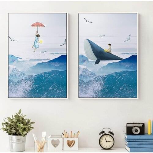 Girl with Red Umbrella Boy with Whale On the Blue Ocean Cartoon Wall Posters and Prints Canvas Painting for Children’s room Deco