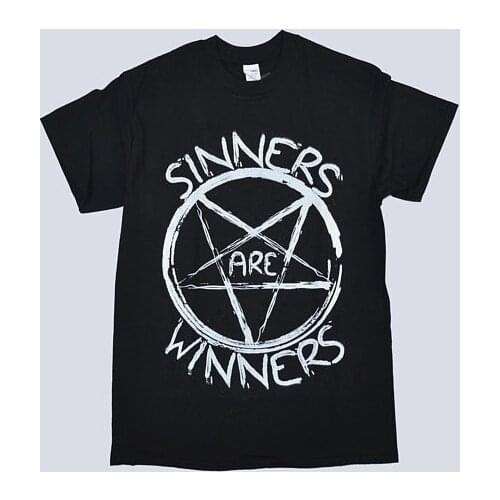 HAHAYULE Sinners Are Winners Unisex 90s Grunge Gothic Black T-Shirt Hipsters Satanic Graphic Tee