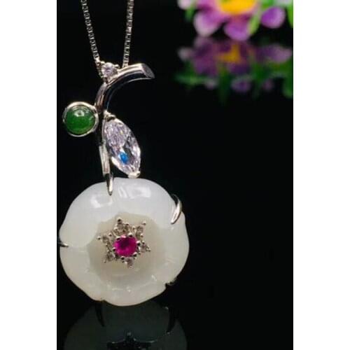 Natural Hetian Jade 925 Silver Carved Pendant With Leaves Set In The Shape Of Flowers Necklace Women Amulet Jewelry