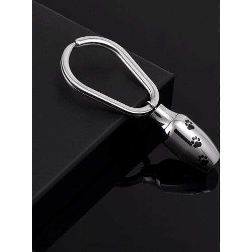 IJK2046 Fashion Stainless Steel Cylinder Shape Paw Print Jar Cremation Keepsake Keyring for Urn Ashes Memorial Souvenir Jewelry