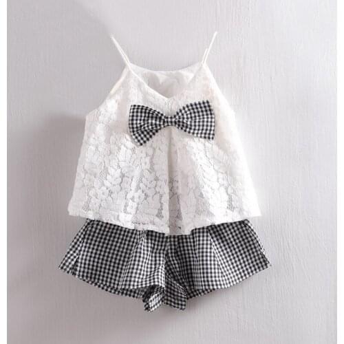 Hot sale 2019 summer Kids girls new fashion sleeveless lace bow Vest + Plaid shorts clothing sets 1-5 years