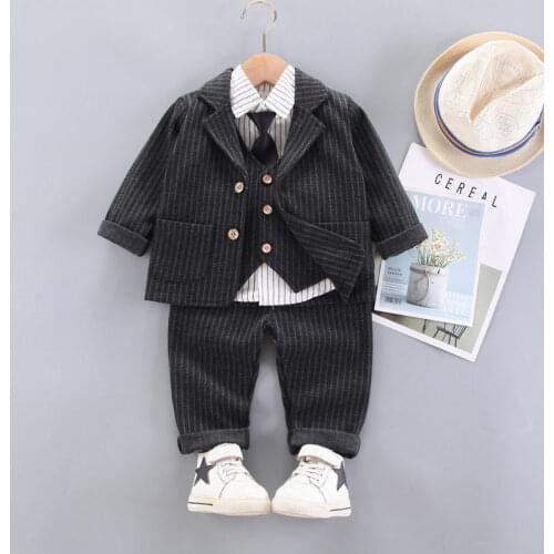 New Children Cotton Formal Baby Boys Shirts Strips Wedding Coat Vest Shirt Pants 4Pcs/Sets Out Kids Toddler Clothing Party Cloth