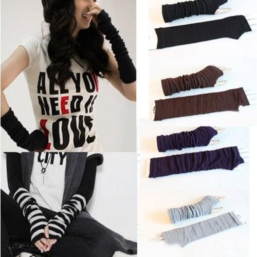 New Women Long Fingerless Gloves Fashion Striped Elbow Gloves Warmer Knit Mittens Work Gloves