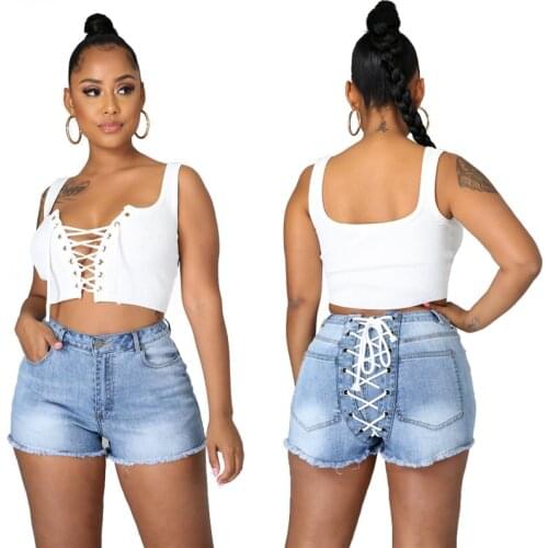 New Arrival 2021 Summer Fashion Sexy Tassel Back Lace Up Bodycon Denim Shorts Bandage Mom Jeans Short Hot Blue Pants Streetwear