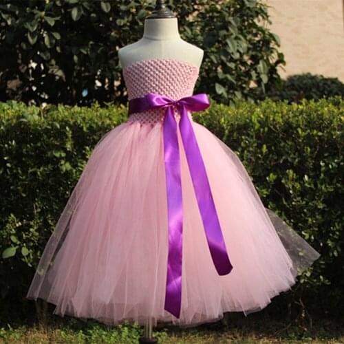 New Girls Pink Wedding Tutu Dress Kids Fluffy Crochet Tulle Tutus Ball Gown with Purple Ribbon Bow Children Cheap Party Dresses