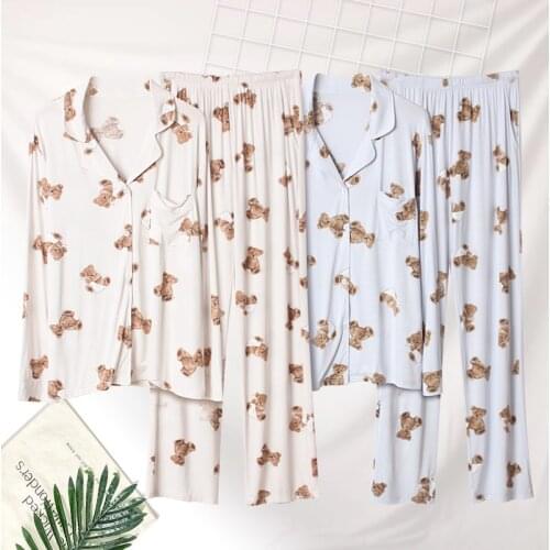 Suit female ins new cartoon bear home service pajamas thin section lapel modal home service lapel cardigan