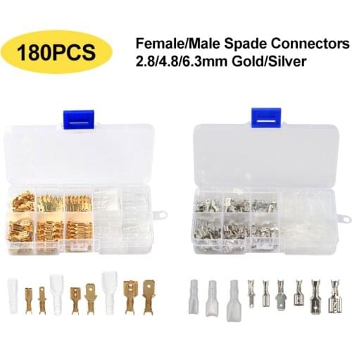 180Pcs Electrical Wire Crimp Terminals Silver/Gold Female/Male Spade Connectors Assortment Kit 2.8/4.8/6.3mm