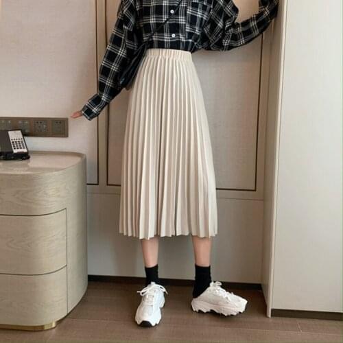Autumn winter women skirt casual vintage elastic waist pleated skirt women fashion thin all-match long midi skirts ladies