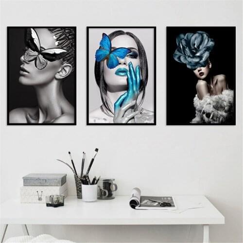 Fashion Sex Model Art Canvas Painting Butterfly Flower Woman Posters Wall Art Pictures For Living Room Cuadros Decoracion Salon