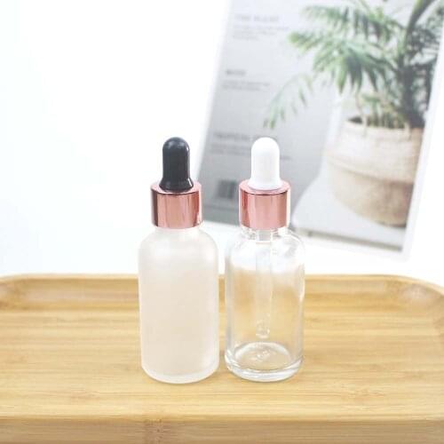 Empty Glass 30ml Frosted or Clear Dropper Bbottle with rose Gold Lid