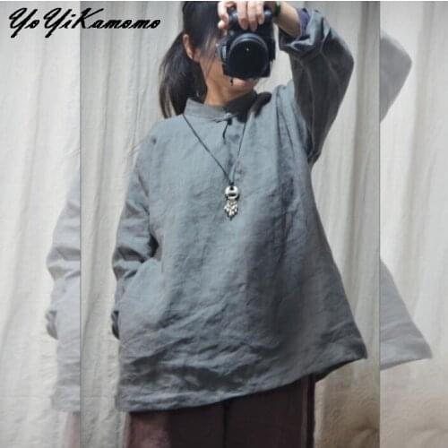 YoYiKamomo Cotton Linen Shirt Women 2018 Spring Autumn Original Button Plate Long Sleeve Vintage Solid Color Loose Women Blouses