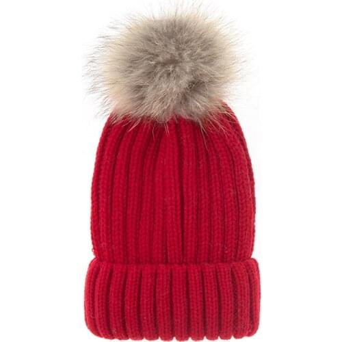 Removable Real Raccoon Fur Pompom Bobble hats Acrylic Wool Womens Knitted Cap Skullies beanies Warm autumn winter hat female