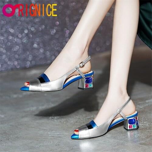 Orignice 2021 Summer Women Mixed Colors Genuine Leather Sandals Crystal Thick Heels Open Toed Ladies Working Wedding Footwear