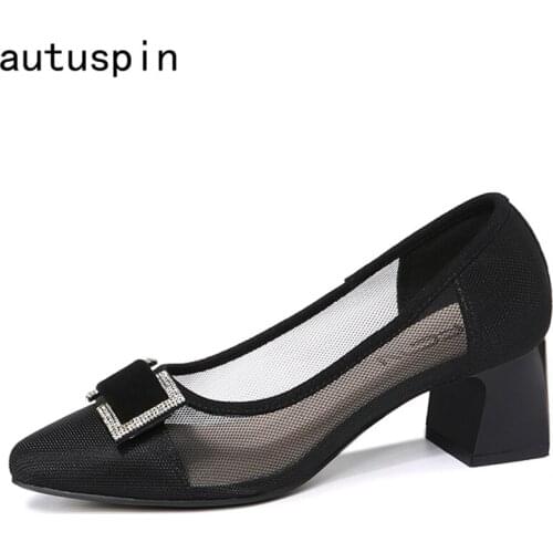 Autuspin Women Casual Mesh Pumps Fashion Breathable Thick Heels Female Genuine Leather Pointed Toe High Heel Shoes Woman Size 40