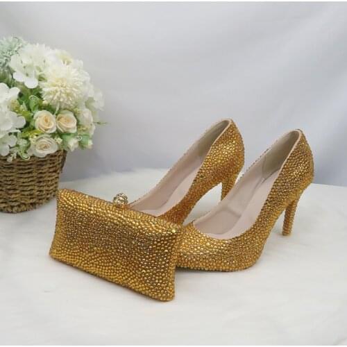 BaoYaFang Gold Pointed Toe shoe with matching bag woman Wedding shoes Bride High Pumps Evening Party dress shoes Female Big size