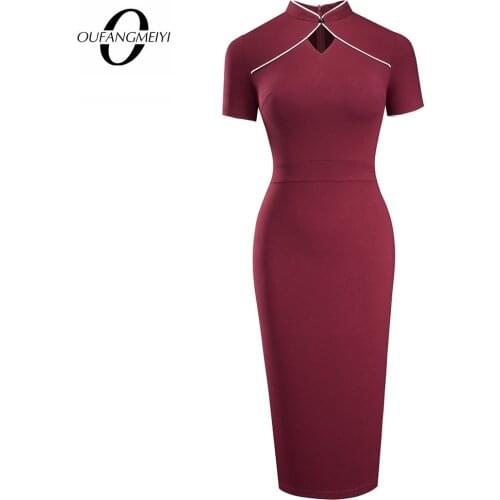 Women Retro Sexy Hollow Neck Elegant Brief Patchwork One Button Bodycon Work Pencil Dress EB623