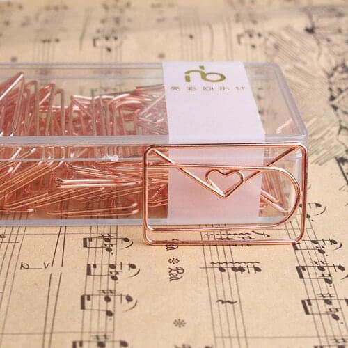 20Pcs/box Rose Gold Love Heart Paper Clip Creative Envelope Shaped Modeling Clip Metal Paperclips Bookmark Office Accessories